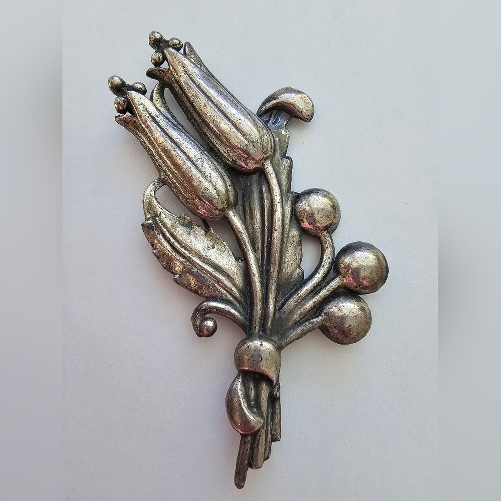 Statement Vintage Floral Bouquet Brooch, Silver Tone Antiqued Botanical Jewelry